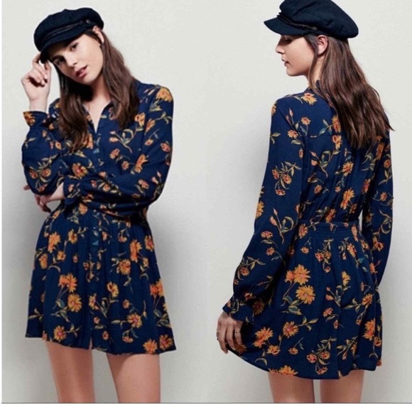 ❤️❤️ Free People Blue Yellow Floral Sunflower Button Front Ruthie Dress SZ M❤️ - Picture 2 of 4